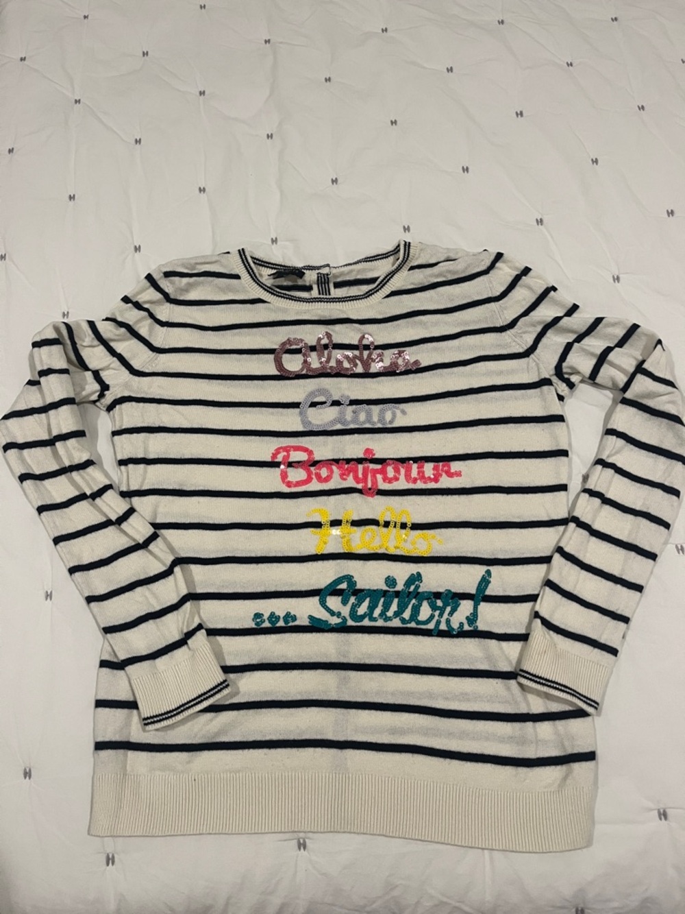 Talbots Cream and Black Striped Sequin Script Crewneck Sweater